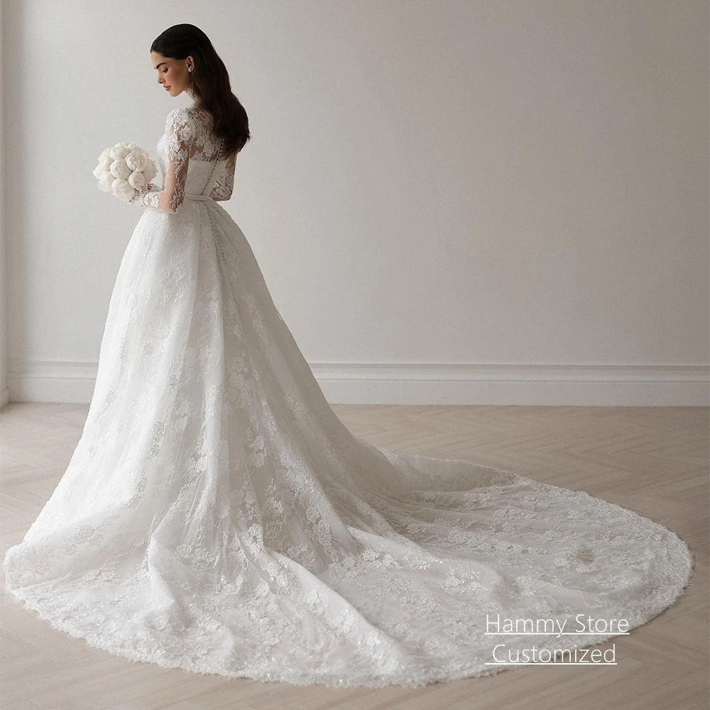 Customized High Quality Wedding Dress Luxury High Neck Long Sleeves Beading Lace Applique Court Train Arabian Bridal Gown