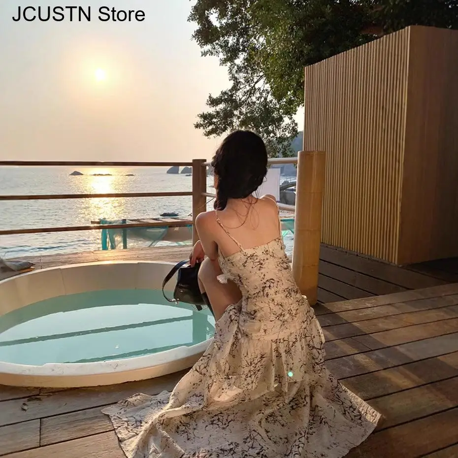 女性のシフォンドレスエレガントなプリントビーチスタイルパーティードレスセクシーなスパゲッティストラップ Vestidos 夏の新しいフリルドレス