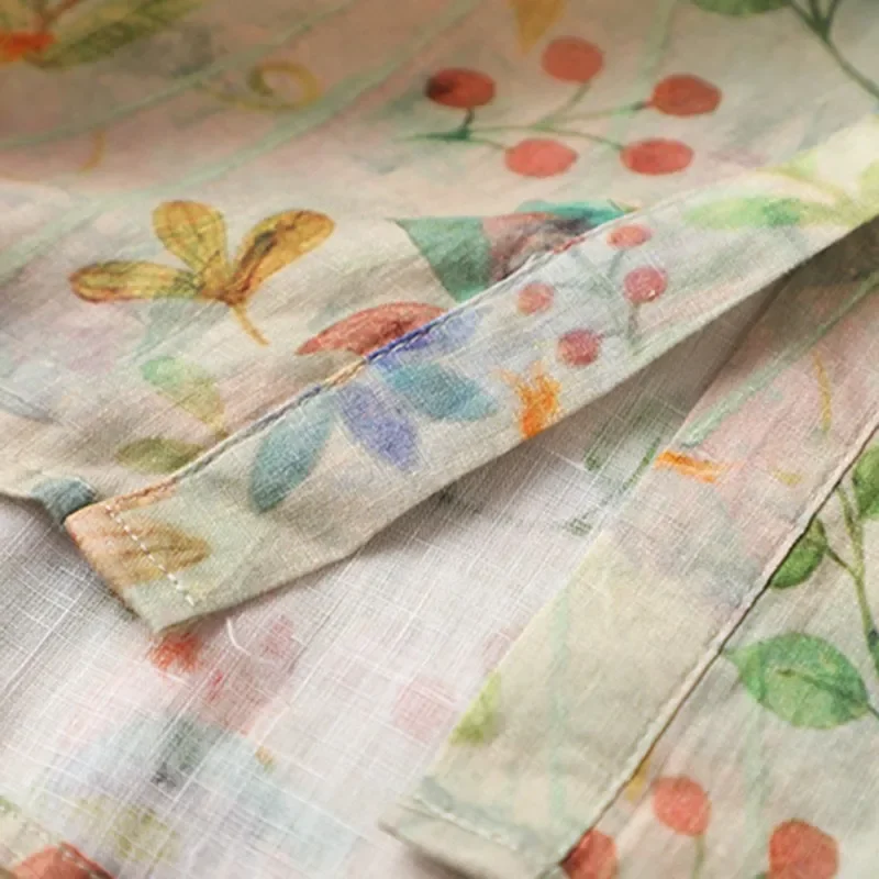 Women Long Sleeve Casual Shirts New Arrival Autumn& Spring Arts Style Vintage Floral Print Loose Ladies Cotton Linen Tops
