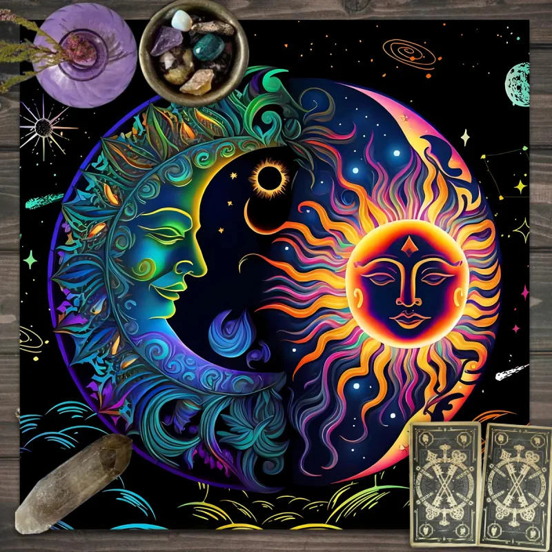 Colorful Sun and Moon Oracle Tarot Card Altar Cloth Mystical Ritual Divination Meditation Mat Table Mat