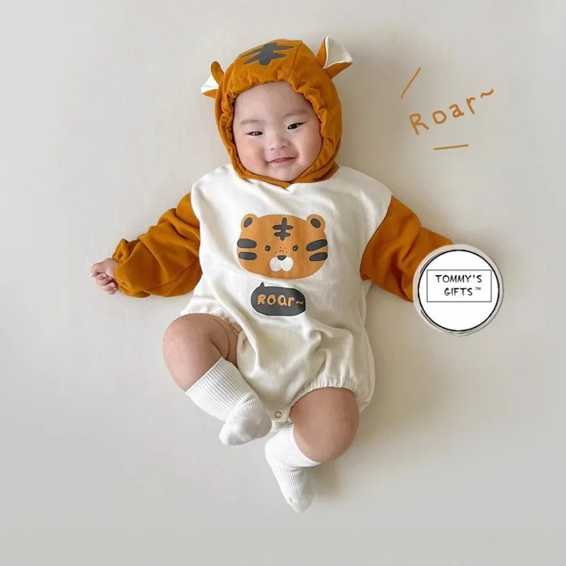 Spring New Newborn Baby Jumpsuit Tiger Long Sleeves Printing Hooded Pullover Baby Bag Fart Jacket Haye for 0-1 Years Old Unisex
