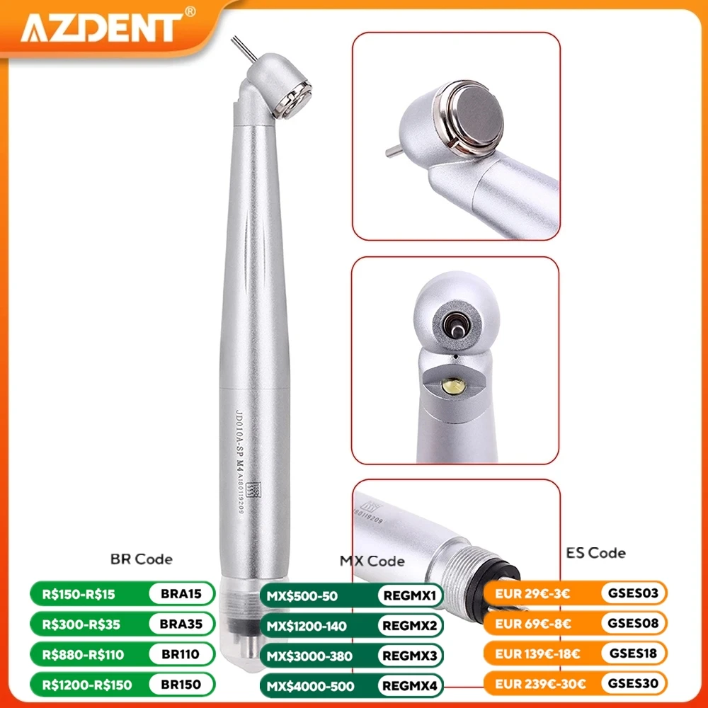 Dental 45 Degree LED High Speed Handpiece AZDENT E-generator Integrated Standard Head Push Button 2/4 Holes Single Water Spray