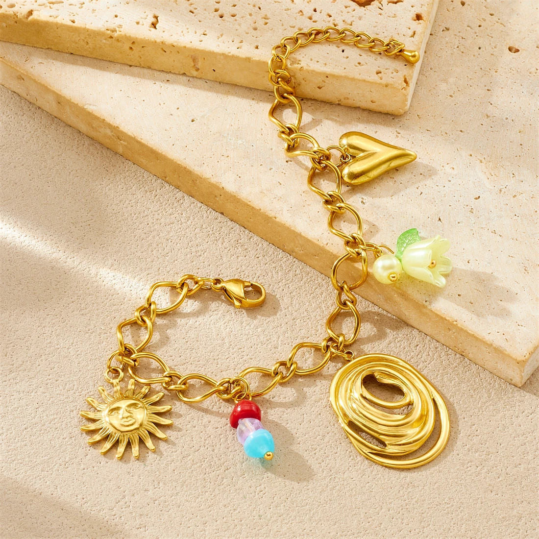 DIEYURO 316L Stainless Steel Golden Lines Oval Sun Heart Crystal Flower Bracelet Women New Classic Wrist Chain Jewelry Gift