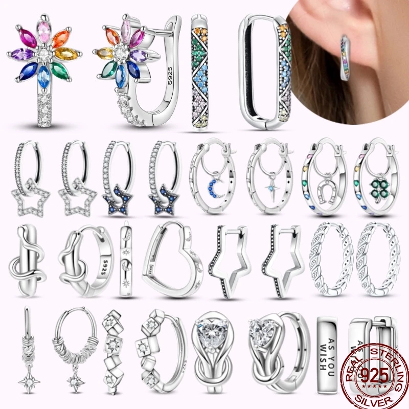 100% 925 Sterling Silver Ear Needle Round Luxury Crystal Hoop Earrings Rainbow Zircon Star Moon Ear Buckle Women's Jewelry Gifts
