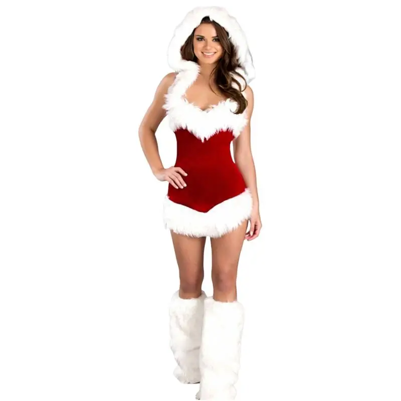 فستان نسائي مثير مخملي لعيد الميلاد بدون حمالات مع غطاء محرك السيارة لتدفئة الساق سانتا كلوز زي تنكري أحمر لحفلات النادي وعيد الميلاد هدية #3