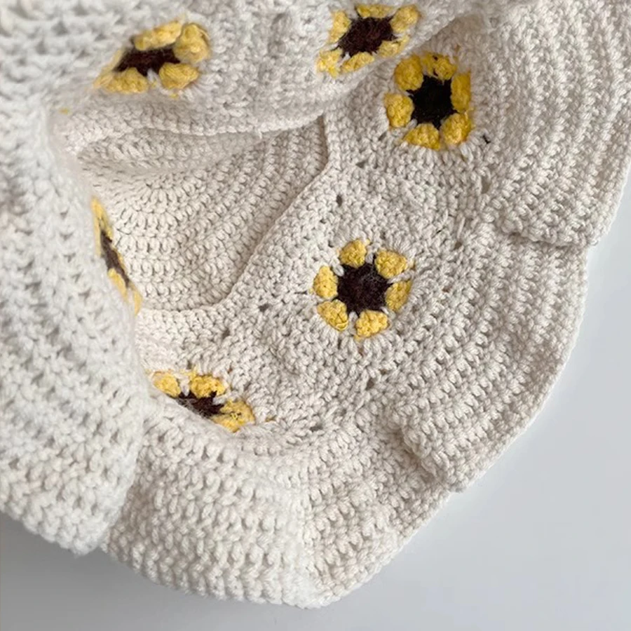 Flower Patch Crochet Sunflower Crochet Bucket Hat Knitted Sun Hat Granny Square Handmade Foldable Floppy Beach Hat Cute Comfy