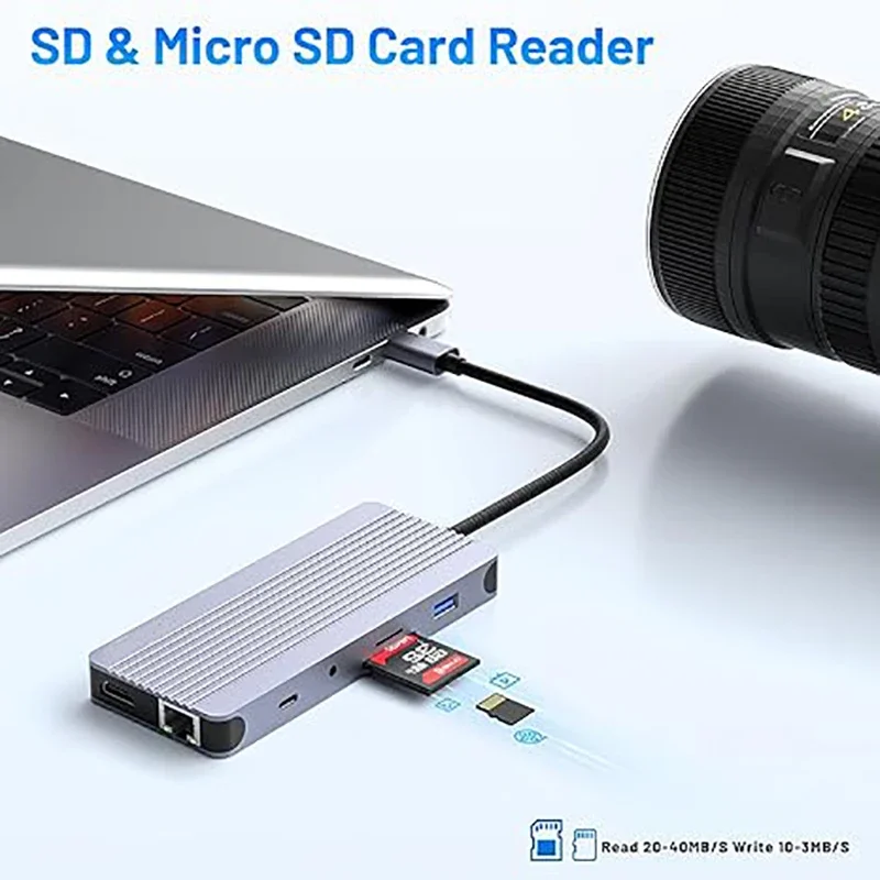 12-in-1 USB-C Hub with M.2 NVMe/SATA SSD Enclosure, Support Type-C HDMI 4K60Hz SD TF Card PD 100W 1000M Ethernet For Mac iPad