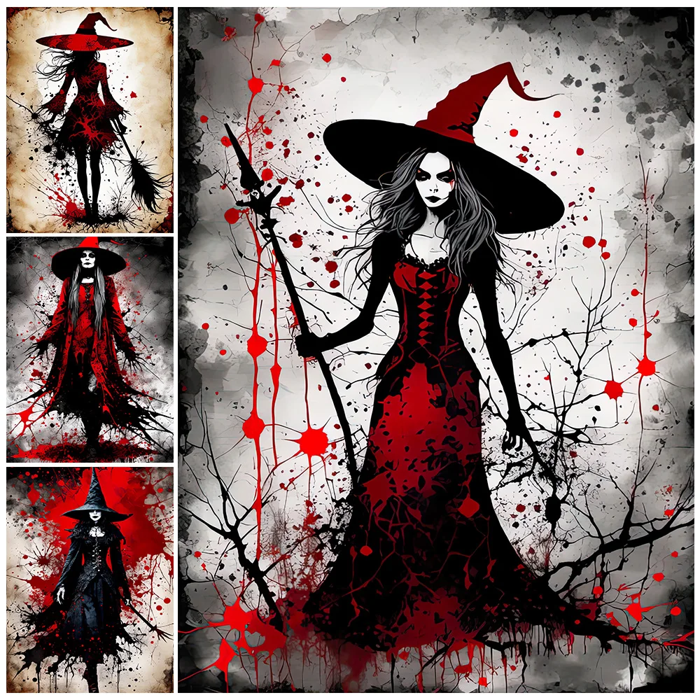 

Witch With Pointed Hat Abstract Ink Oil Painting Wall Art Print Creepy Witch And Broom Art Poster Print Home Decor Unframed
