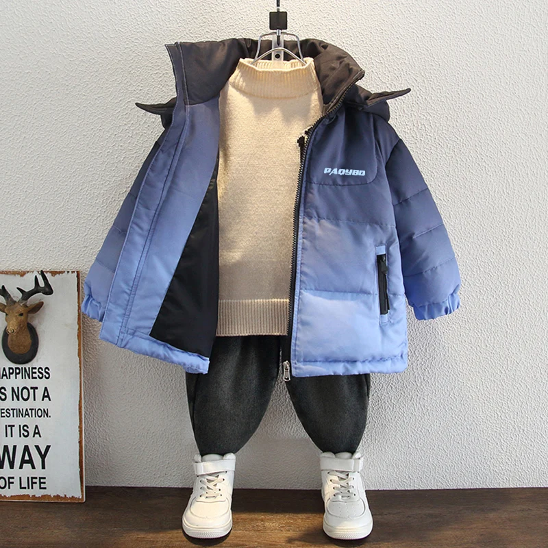 

Хлопковая куртка на пуху Thiened для мальчиков, теплое детское зимнее пальто, модное молодежное пальто-стойка с капюшоном и застежкой-молнией