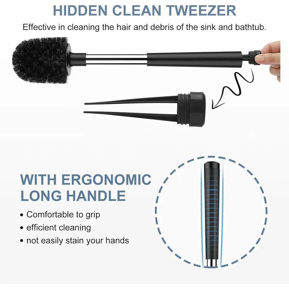 Closing Lid Toilet Bowl Brushes Holder and Extra Long Handle Ventilated Toilet Brush Set, Nylon Bristles, Black view 3