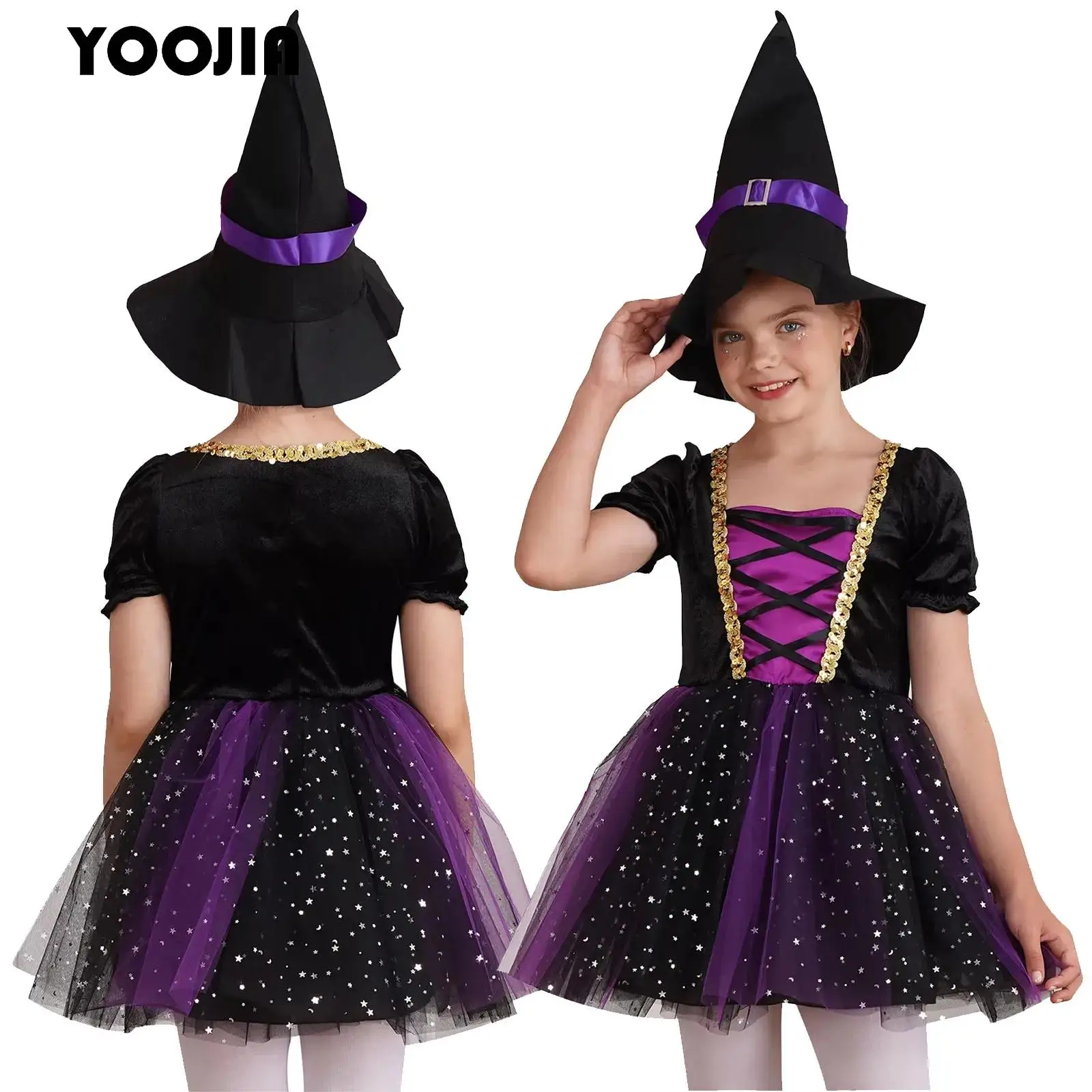 Halloween Witch Costume Outfits for Girls Carnival Party Glittery Mesh Tutu Dress with Witch Hat Purple Wizard Witch Cosplay Set
