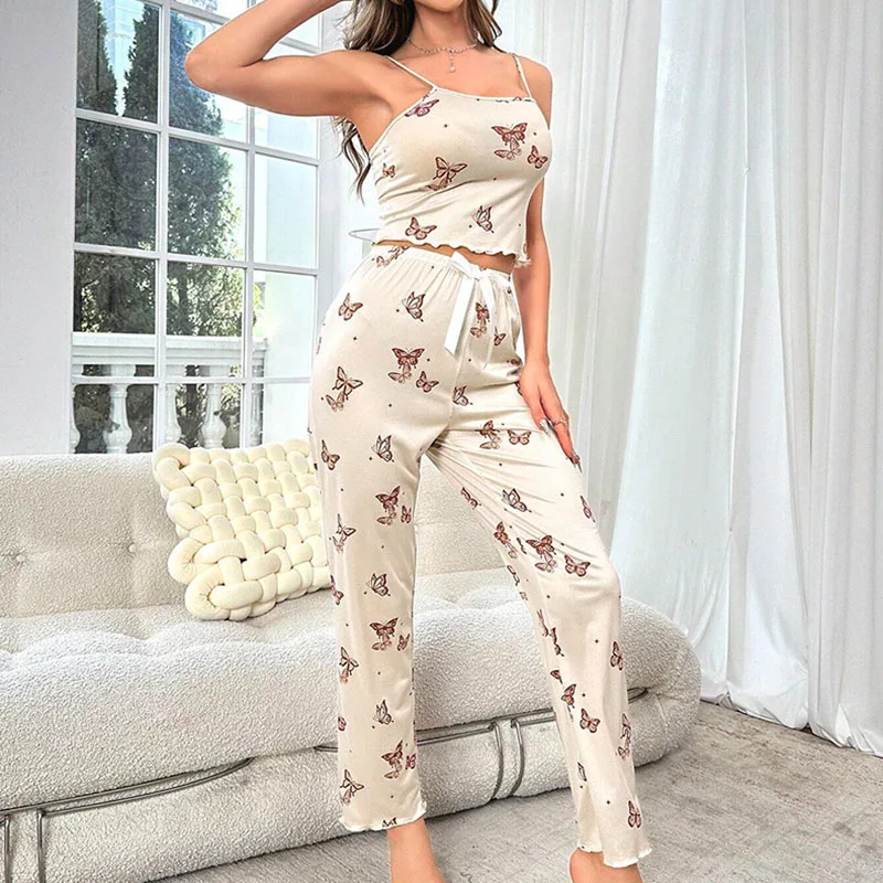 Women\'s Pajamas Set Cami Trousers Sleepwear suit Sleeveless Sexy Top Butterfly Heart Print Pyjama Loungewear Outwear Summer 2PCS