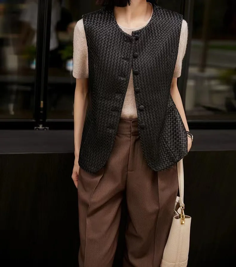 2024 New Fully Hand-woven Small Square Genuine Sheepskin Leather Vest Fashion Casual Woven Vest E8