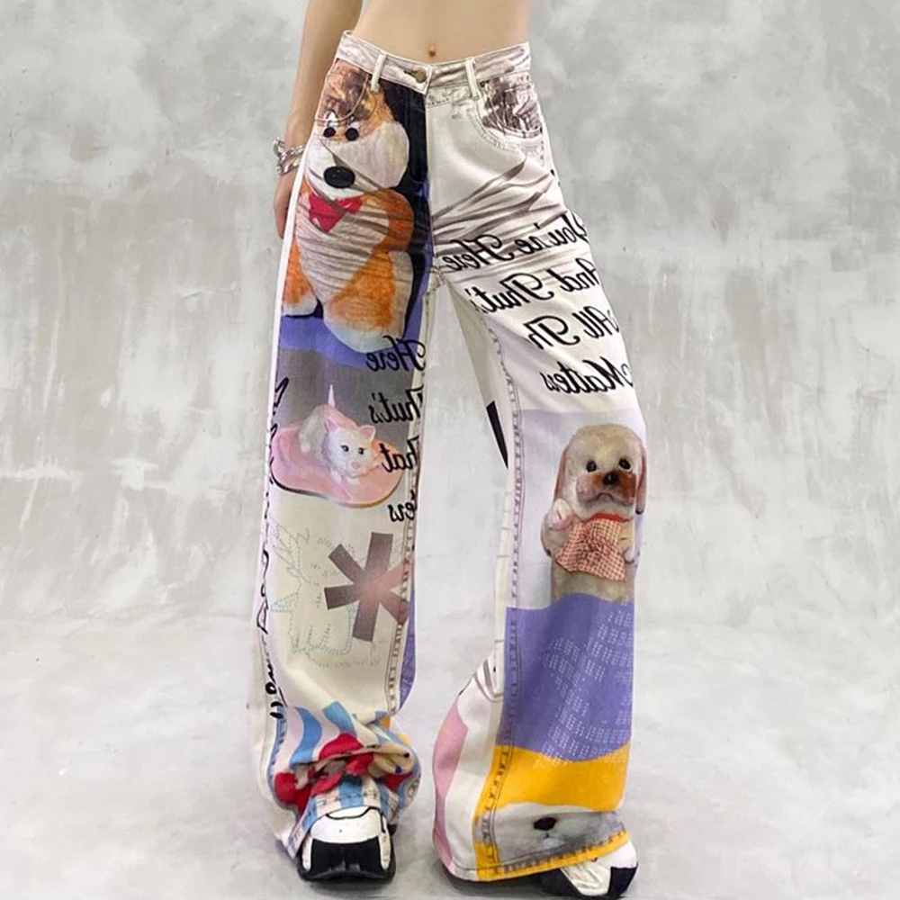 

Personalized digital printing casual jeans women's summer new high-waisted loose straight-leg wide-leg floor pants