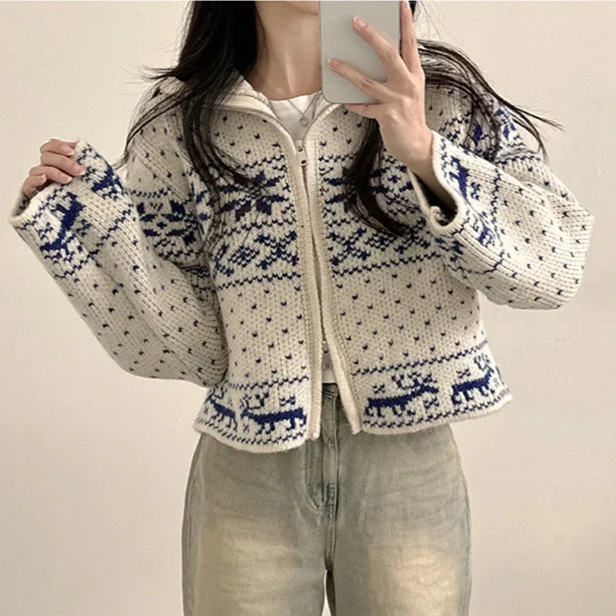 Korean Style Idle Sweater Jacket Women's Stylish Age-Reducing Christmas Pattern Zip-Up Cropped Thickened Knitted Top