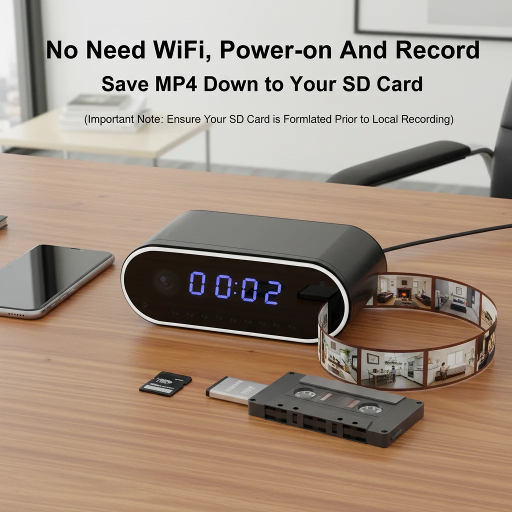 

Камера-часы 2-в-1 и HD Wi-Fi камера, удаленный просмотр в реальном времени через Wi-Fi/AP хотспот, локальная запись на SD-карту (карта не входит в комплект)