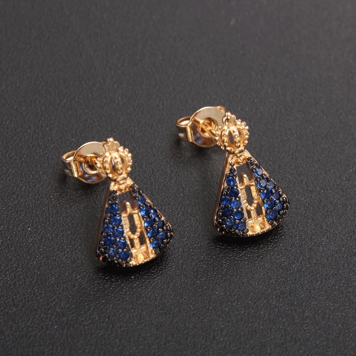 MHS.SUN Newest Virgin Mary Earrings Gold Plated Mosaic Blue Zircon Stud Earrings Luxury Religious Jewelry For Women Party Gift