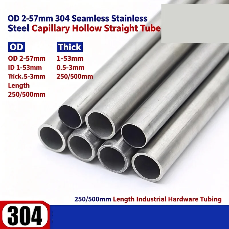 OD 2‑57mm 304 Seamless Stainless Steel Capillary Hollow Straight Tube 250/500mm Length Industrial Hardware Tubing