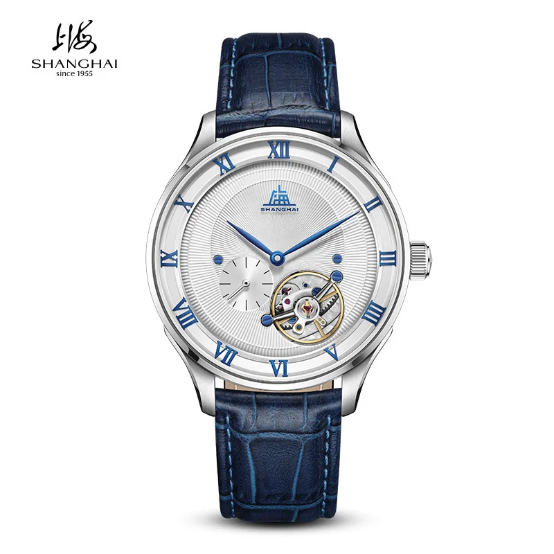 SHANGHAI Watch Rail-Track Tourbillon Mechanical Watch Carousel Rotating Dial with Sunburst Finish Modern Style Men's Watch S5020