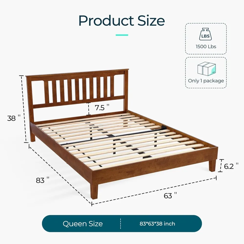 LINSY Queen Bed Frame, Wood Platform Bed Frame with Headboard, Solid Wood Bed with Wood Slat Support, No Box Spring Needed, Easy