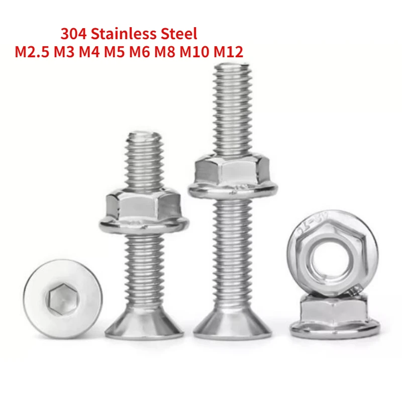 4-60Sets 304 Stainless Steel Countersunk Hexagonal Screw Nuts Combination Kit Furniture Hardware M2.5 M3 M4 M5 M6 M8 M10 M12