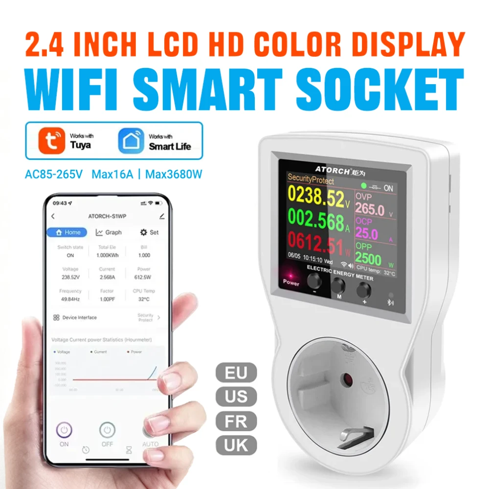 

Цифровая умная розетка с Wi-Fi 16А AC85-265В с управлением через приложение для мониторинга электроэнергии и управления потреблением энергии