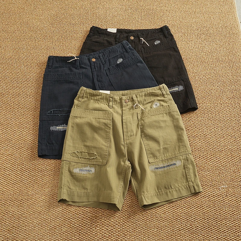 2025 Summer New American Retro Woven Patch Cloth Cargo Shorts Men's 100% Cotton Washed Straight Loose Casual 5-point Pants