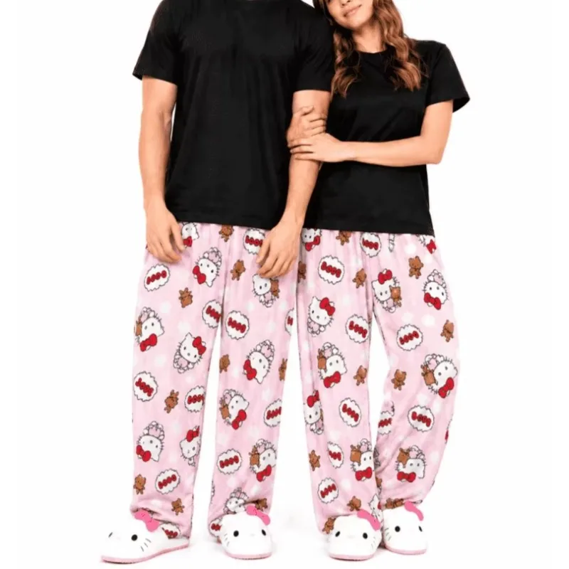 Hello Kitty Teddy Bear Couple Flannel Pajama Pants Pink Print Wide Leg Soft Fleece Sleepwear Matching Home Trousers Gift