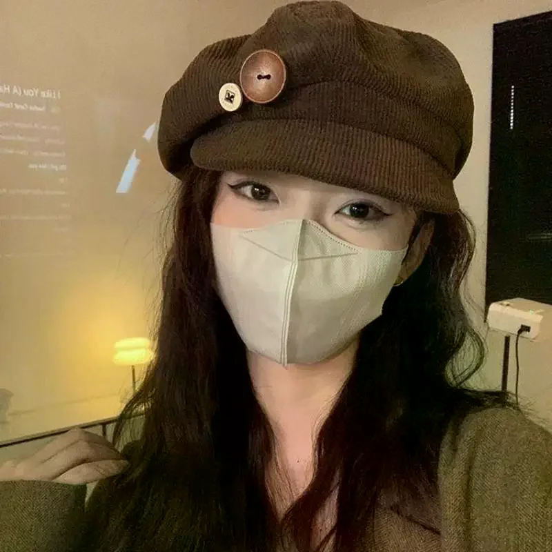 Womens Corduroy Octagonal Newsboy Cap Double Wooden Buttons Soft Face Flattering Beret Hat For Autumn Winter Daily Outfit