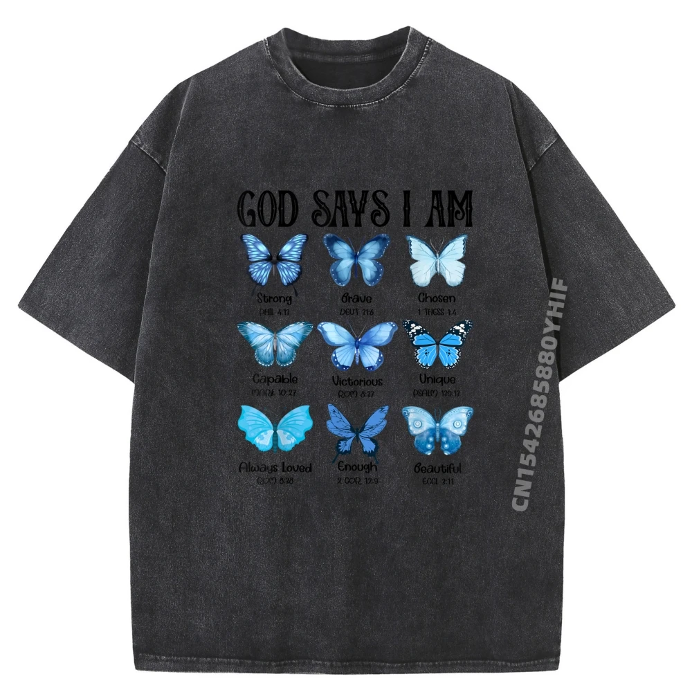 

God Says I Am Butterfly Christian Religious Graphic Camisas Basicas Hombre T Shirt Men Funny Washed Camisetas Hombre Geek