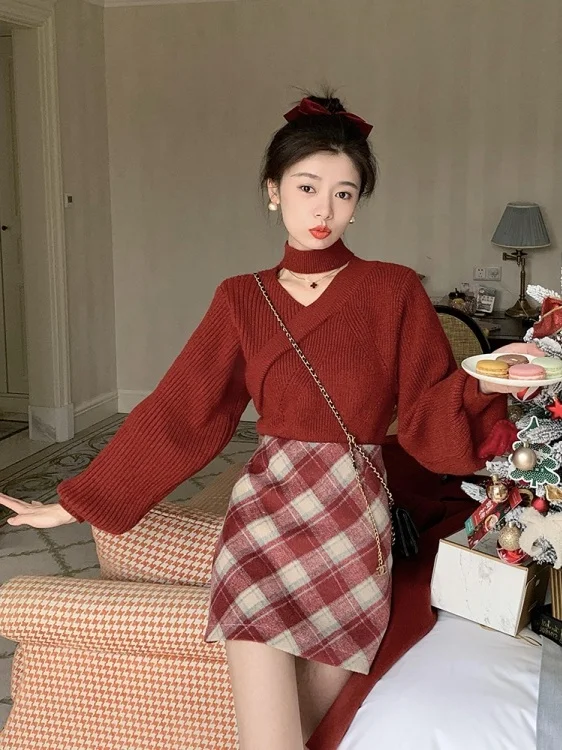 Red Hanging Ne Sweater Women's Base irt Lazy Sle High-End Beautiful Faionable New Year's Clothes Loose Fit Long Sve