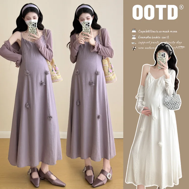 

2025 Pregnant Women's Set Summer French Long Shirt Premium Flower Strap Dress Age Reducing Two Piece Set