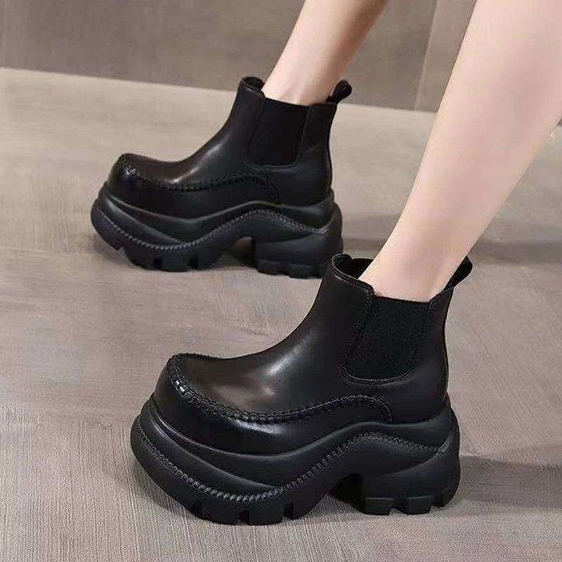 

Женские ботинки на платформе, зимняя обувь на высоком каблуке, короткие ботинки на массивном каблуке, трендовые туфли-лодочки 2025 года, ботинки «Челси», повседневная кожаная обувь Mujer Botas