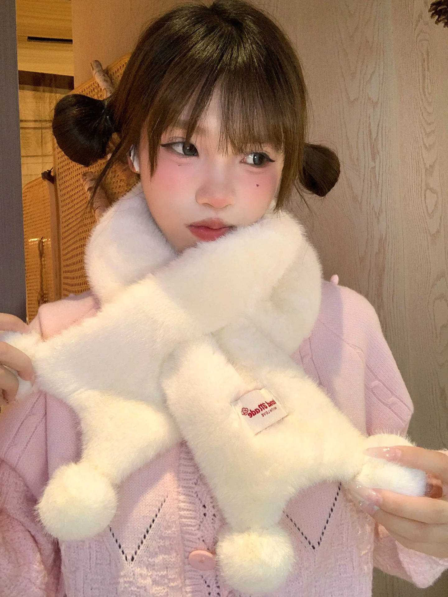 White Furry Scarf for Women Winter Warm Ball Decorated Cross Pattern Small Size Sweet Atmosphere Feeling Plush Neck Warmer