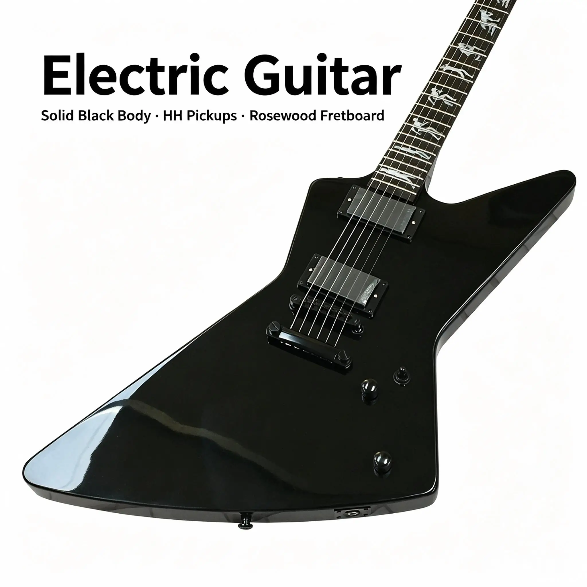 Black V Shape Electric Guitar, Custom Character Inlays, Dual Closed Humbuckers, Black Fixed Bridge, 22 Frets, Gift