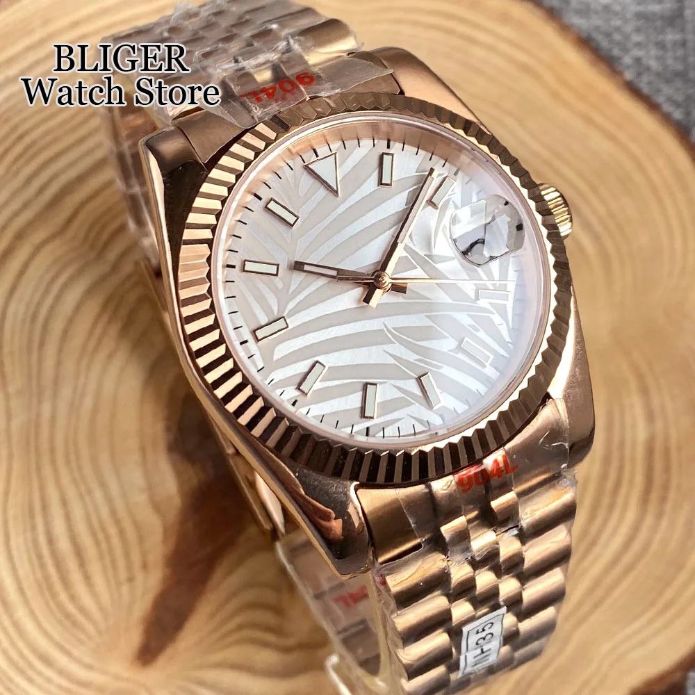 Imagem -03 - Bliger-relógio Automático para Homem Ouro Rosa Moldura Canelada Mostrador em Palma Índice Lume Verde Cristal de Safira Pulseira Jubilee Nh35a 36 mm 39 mm