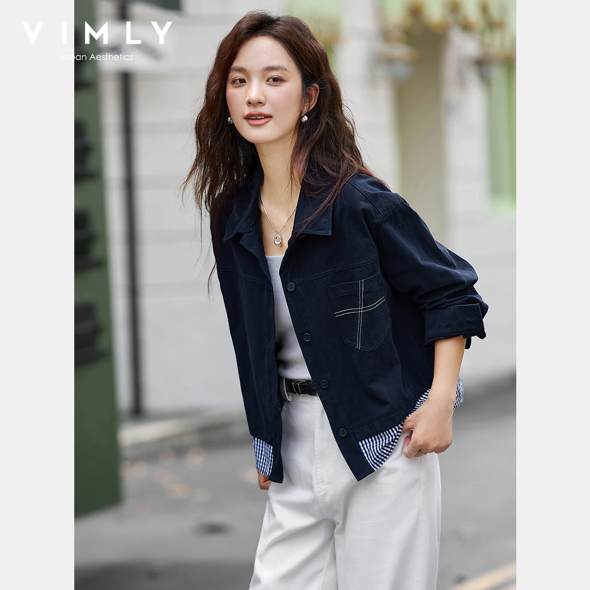 VIMLY Jaket Wanita Elegan Biru Tua Kasual Katun Murni Jaket Wanita Musim Gugur 2026 Kerah Lipat Jaket Wanita Model Spliced A2853