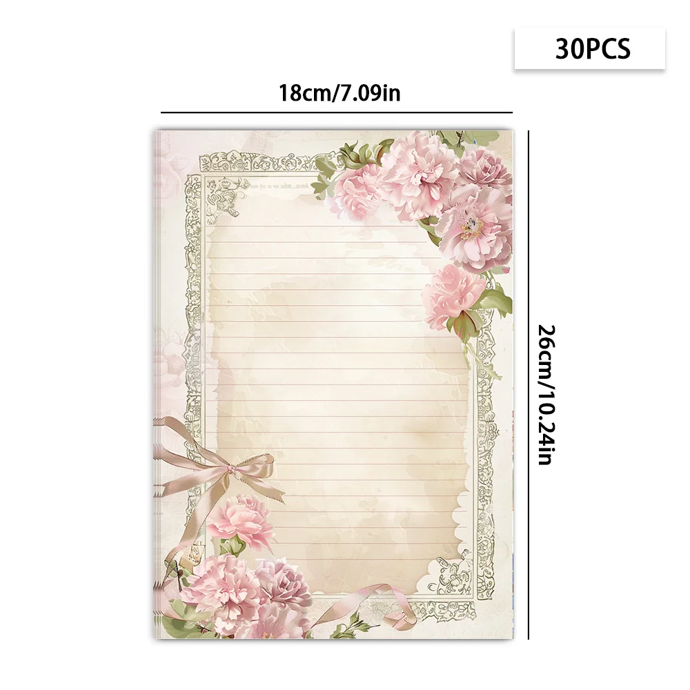 30 Sheets.B5 Vintage Pink Floral Stationery Paper, Watercolor Style Letter Paper, Tearable Notepad, Suitable For Writing Letters