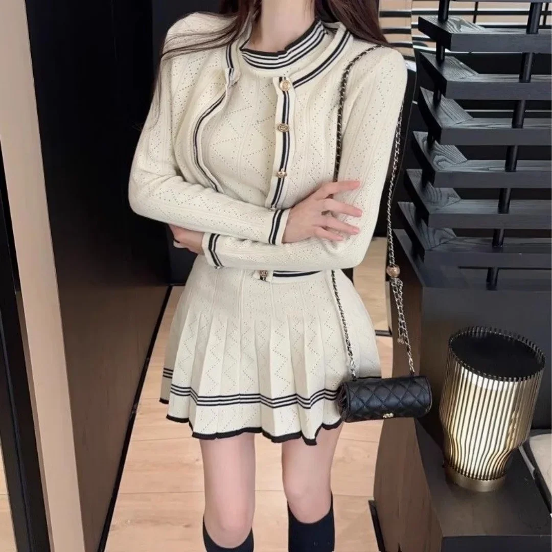 Lady-like Knit Vest Cardigan Short Skirt Three-piece Set Pleated Skirt Vest Half-skirt Women's Clothing