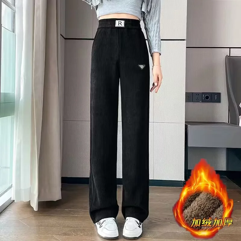 Women Clothes Vintage Casual Streetwear High Waist Pants Autumn Winter Trendy Appliques Pockets Plush Thick Trousers Pantalones