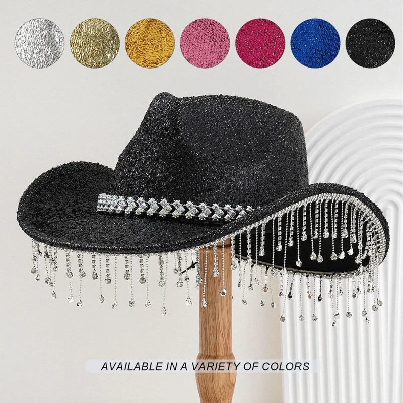 Unisex Western Cowboy with Metal Heart Gem and Rhinestone Tassel Party Hat for Music Concerts