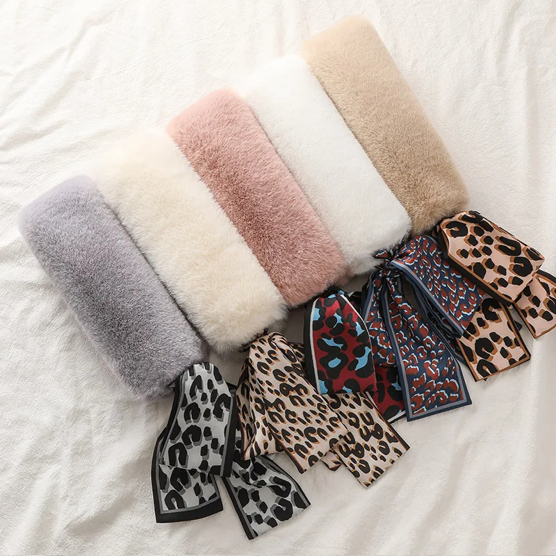 Fashion Leopard Print Ribbon Women Faux Fur Collar Scarf Cartoon Printed Soft Plush Collar Neck Warmer Girl Long Silk Shawl J26