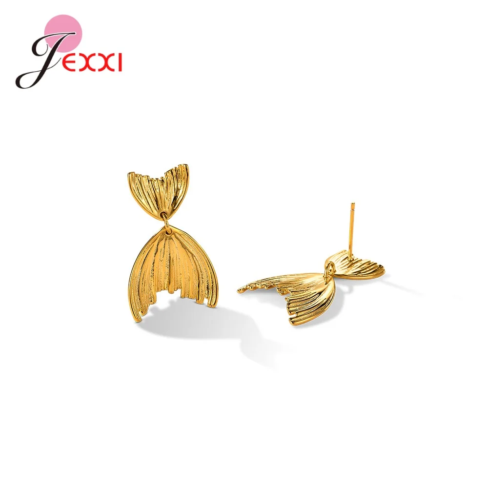 Pure 925 Sterling Silver Fine Jewelry Silver Gold Colors Option New Trend Fish Tail Stud Earrings for Women Gift Party Accessory