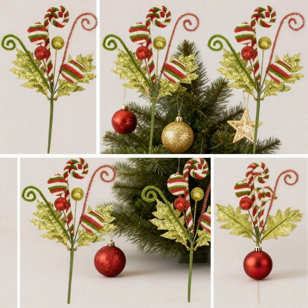 

1/5pcs Glitter Powder Christmas Red Green Candy Flowers Simulation Flower DIY Gifts Xmas Tree Ornamental Flowers