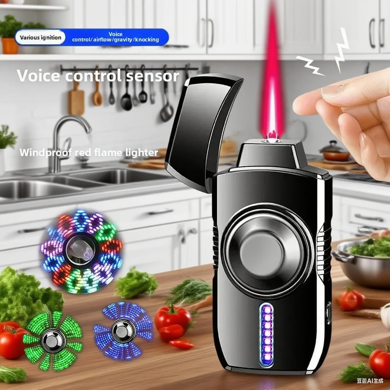 

Cool Color Light Fingertip Gyroscope Voice Controlled Ignition Windproof Red Flame Butane Gas Lighter Funny Electric Lighters