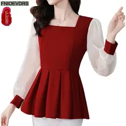 Retro Vintage Purple Ruffles Peplum Tops New Design Women 2024 Autumn Long Sleeve Black Red Basics Shirts Blouses