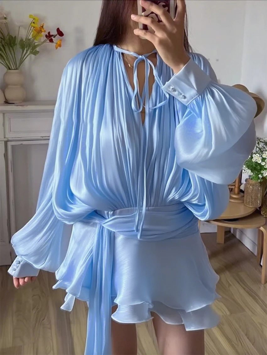 

Parc Fee Sexy Loose Blue Ruched Women's Dress 2026 Fashion V-Neck Long Sleeve Mini Dresses Elegant Classic Pleated Female Dress