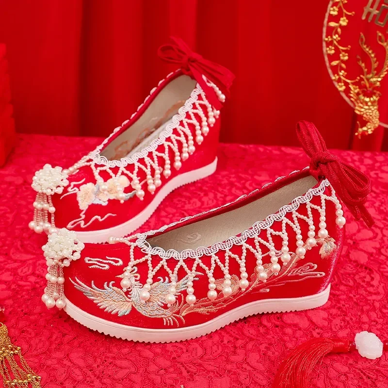 Autumn Hanfu Canvas Shoes Women Internal Increase Ancient Fairy Shoes Chinese Style Lace-up Cloth Shoes Wedding Hanfu tasseShoes