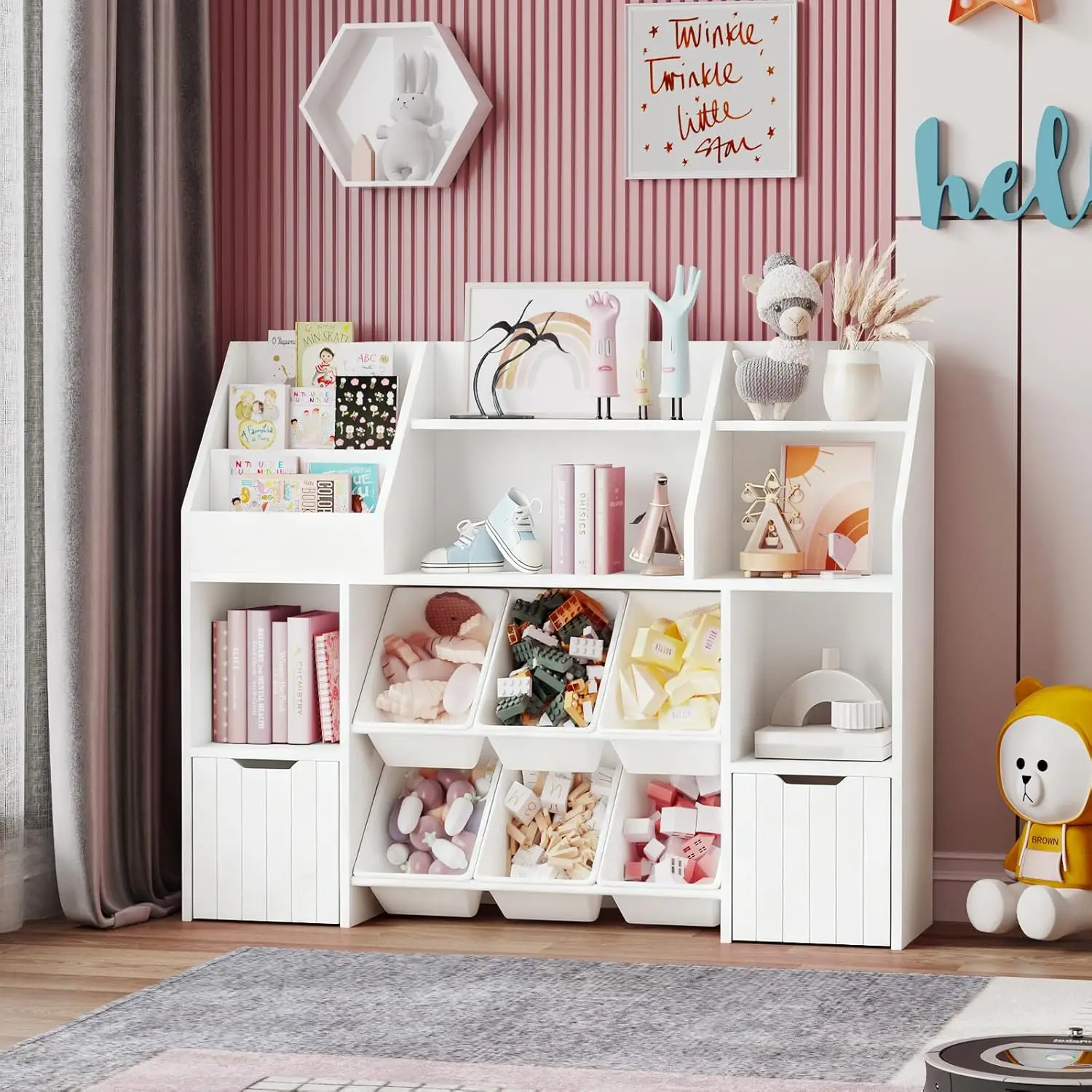 

47.2" Toy Storage Organizer,4-in-1 Kids Bookshelf and Toy Storage with 6 Removable Toy Bins,2 Drawers & Open, Customized