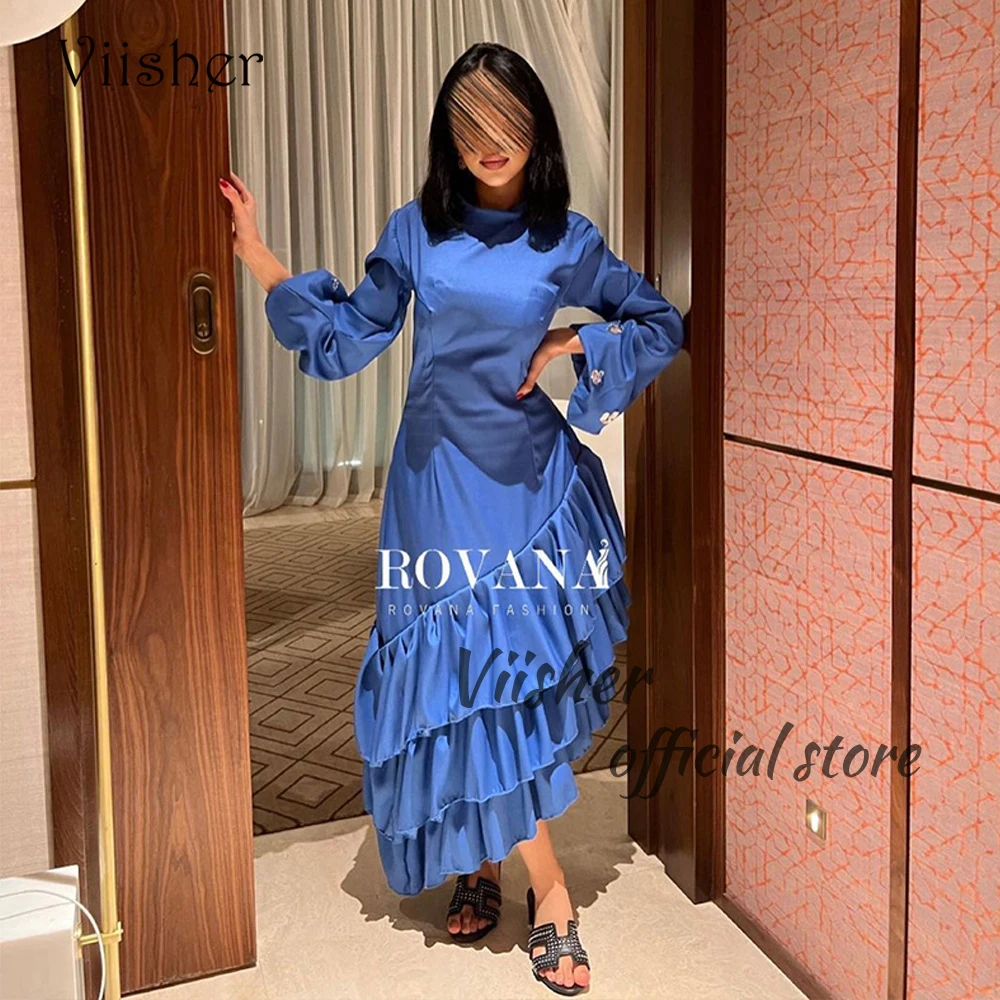 

Blue Mermaid Evening Dresses Long Sleeve O Neck Pleats Satin Formal Prom Dress Ankle Length Arabic Dubai Evening Party Gowns